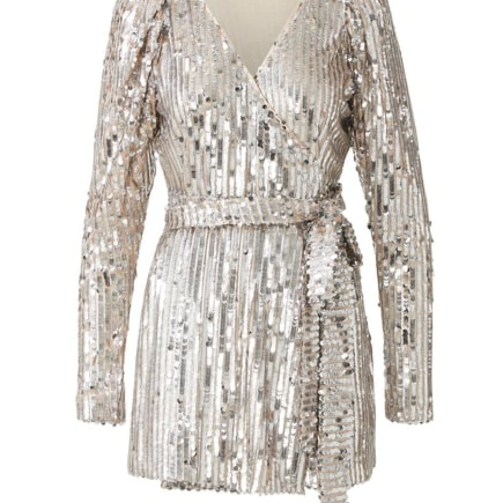 ROTATE BIRGER CHRISTENSEN Sequined Mesh Mini Wrap Dress in White size 40 US 10